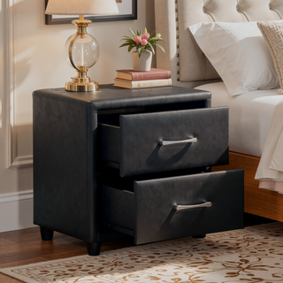 Sunvega Black Faux Leather Nightstand with Two Drawers and Silver Bar Pulls