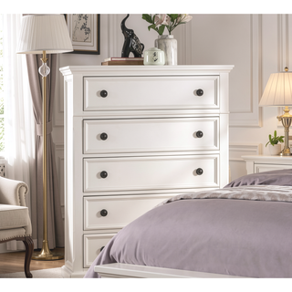 Sunvega White Finish 5 Dovetail Drawers Chest with Antique Bronze Knobs