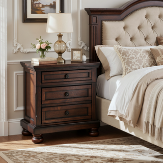 Sunvega Brown Cherry Finish Birch Veneer Nightstand with 2 Dovetail Drawers and Bun Feet