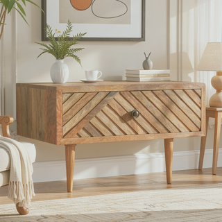 Sunvega Minimalist Wall-Mounted Solid Mango Wood Nightstand with Carved Drawer