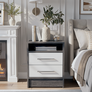 Sunvega Smokey Oak and White Finish Nightstand with Two Drawers and Open Shelf