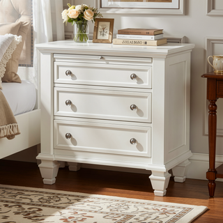 Sunvega Cream White Cottage-Inspired 3-Drawer Nightstand with Slide-Out Tray