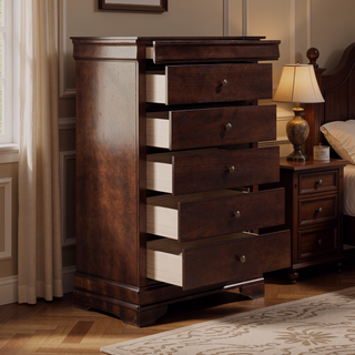 Sunvega Brown Cherry Finish Louis Phillipe Style 6 Drawer Dresser with Hidden Jewelry Storage