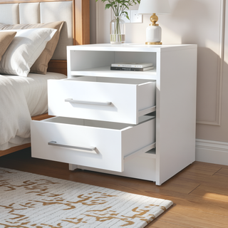 Sunvega White 2-Drawer Nightstand with Open Shelf for Small Bedroom Spaces
