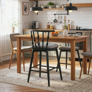 Sunvega Rubberwood Barstool Set of 2 with Grey Upholstery and Hourglass Backrest