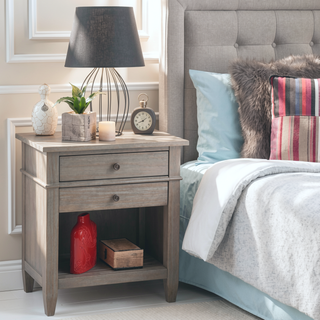 Sunvega Distressed Grey Solid Wood Bedside Table with Two Spacious Drawers