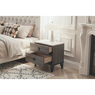 Sunvega Cream Oak Nightstand with Faux Marble Top and Rustic Wood Accents