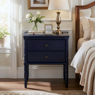 Sunvega Midnight Blue Tropical Style Nightstand with Two Drawers and Carved Wood Legs