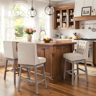 Sunvega Set of Two 180 Degree Swivel Bar Stools with Button Tufted Backs and Footrests