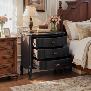 Sunvega Antique Black Finish Nightstand with Three Durable Drawers and Cabriole Legs