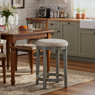 Sunvega Set of 2 Counter Height Stools with Round Polyester Seat and Gray Wood