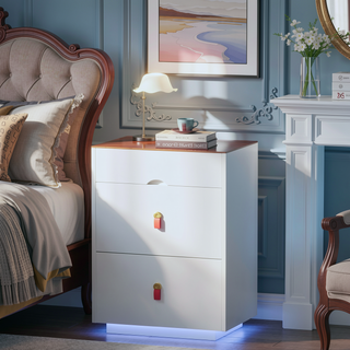 Sunvega Modern Nightstand with LED Light 3 Drawers Glass Top Jewelry Storage