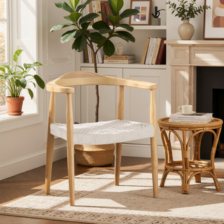 Sunvega Mid-Century Modern Club Chair with Ash Wood Frame and Flat Rope Weave