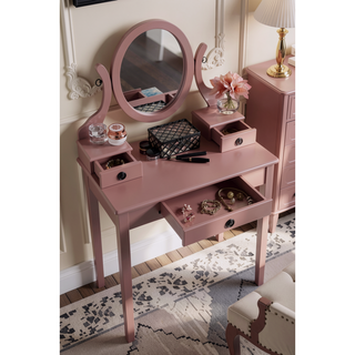 Sunvega Pink Wood Makeup Vanity Table and Stool Set with Mirror and Storage Drawers