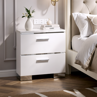 Sunvega Contemporary Wood and Metal Nightstand with 2 Drawers in White and Silver