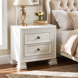 Sunvega Classic Luxury Pearl White Finish Nightstand with 2 Dovetail Drawers Dart Molding