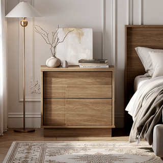 Sunvega Modern Whitewashed Oak Nightstand with Two Push Open Drawers for Bedroom