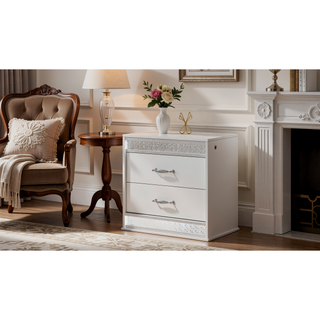 Sunvega Glam Modern White Wood Nightstand with LED Lights and Velvet Lined Drawer