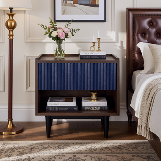 Sunvega Mid-Century Modern Navy Blue Nightstand with Ribbed Wood Grain Laminate