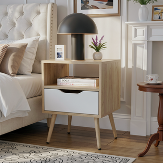 Sunvega Natural Oak and White Nightstand with Open Storage for Décor