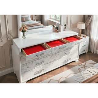 Sunvega Modern White Dresser with Marble Accents and Nine Drawers for Bedroom