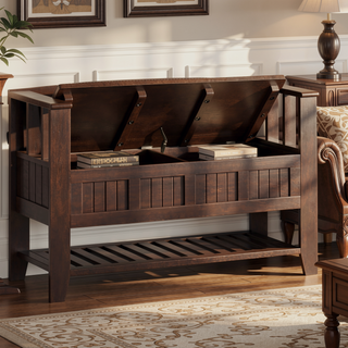 Sunvega Solid Wood Entryway Storage Bench with Shelf and Lift Up Lid