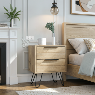 Sunvega Modern Hairpin Leg Nightstand with Two Drawers in Light Oak