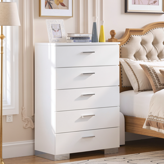 Sunvega Modern White High Gloss 5-Drawer Chest with Chrome Handles for Bedroom
