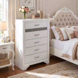 Sunvega White and Silver Glitter Nightstand with Hidden Felt-Lined Jewelry Drawer