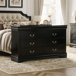 Sunvega Black Solid Wood Dresser with Six Drawers and Nickel Metal Handles