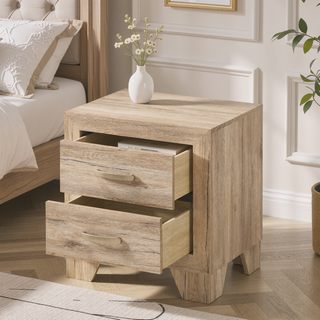 Sunvega Natural Finish Contemporary Nightstand with Two Drawers and Metal Handles