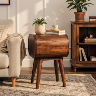 Sunvega Honey Caramel Solid Mango Wood Round Bedside Table with One Drawer