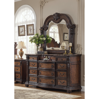 Sunvega Traditional Brown Cherry Finish Marble Top Three Drawer Nightstand