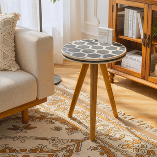 Sunvega Solid Mango Wood Tripod Stool with Black and White Bone Inlay Top