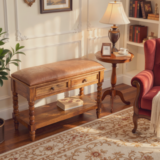 Sunvega Amber Oak Leather Spindle Bench with 2 Drawers and 1 Shelf for Entryway