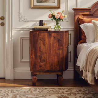 Sunvega Solid Mango Wood Nightstand with Grooved Drawers and Brass Handles