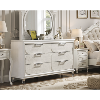 Sunvega Contemporary Glam Pearl White Nightstand with Embossed Panels and Acrylic Handles