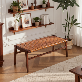 Sunvega Genuine Leather Upholstered Bench with Solid Wood Frame and Tapered Legs