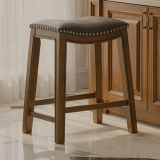 Sunvega Brown Solid Wood Frame Counter Height Stool with Gray Faux Leather Saddle Seat