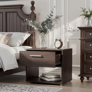 Sunvega Stained Walnut Nightstand with a Single Drawer and Spacious Shelf