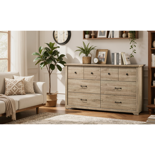 Sunvega Light Oak Finish 6-Drawer Dresser with Black Metal Handles