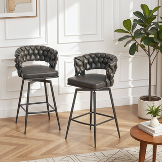 Sunvega Technical Leather Woven Bar Stool Set of 2 with 360 Swivel and Backrest