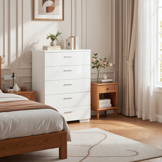 Sunvega Modern White High Gloss 5-Drawer Chest with Chrome Handles for Bedroom