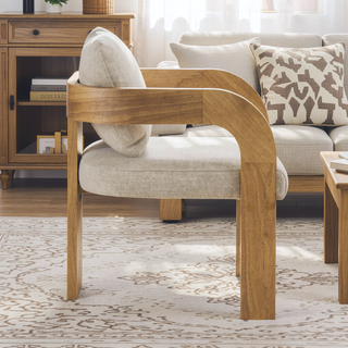 Sunvega Dining Chairs with Pillow Back, Natural Rubber Wood Frame and Beige Fabric, 2-Pack