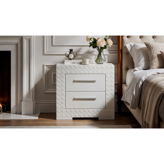 Sunvega Modern White Wood Nightstand with Two Spacious Drawers and Quilted Texture