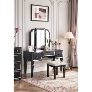 Sunvega Traditional Black Rubber Wood Vanity Set with Tri-Fold Mirror and Tufted Stool