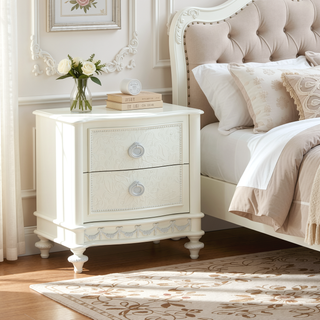 Sunvega Ivory Nightstand with Two Drawers and Floral Details for Bedroom