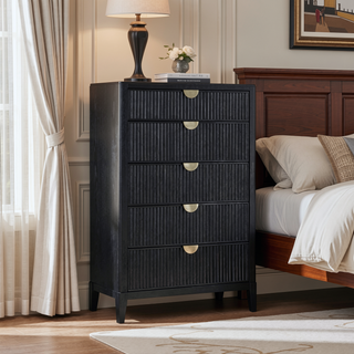 Sunvega Contemporary Black Wood Chest with Five Fluted Drawers and Golden Handles