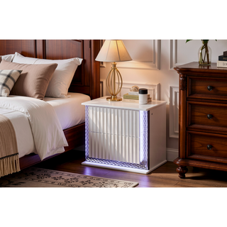 Sunvega White Wood Nightstand with LED Diamond Side Accents and Two Textured Drawers