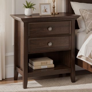 Sunvega Natural Aged Brown Solid Wood Bedside Table with Two Spacious Drawers